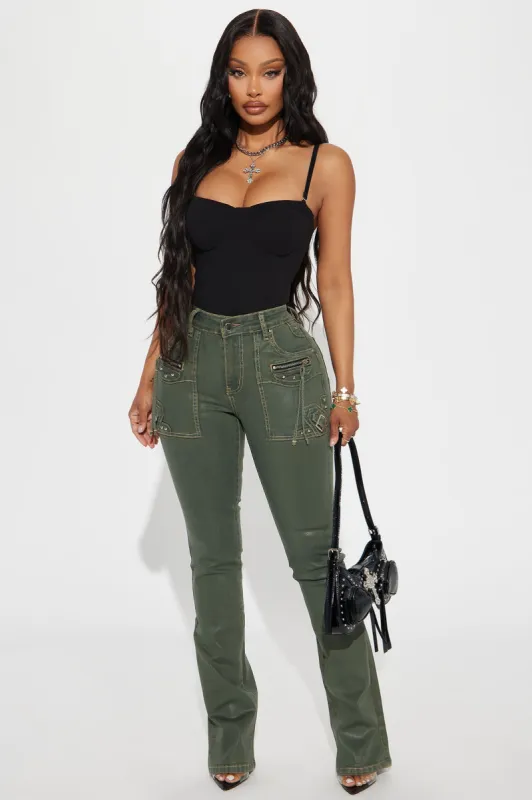 Getting Through To You Coated Stretch Bootcut Jeans - Olive sold by Fashion Nova