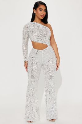 Misunderstood Long Sleeve Sequin Jumpsuit - Silver sold by Fashion Nova