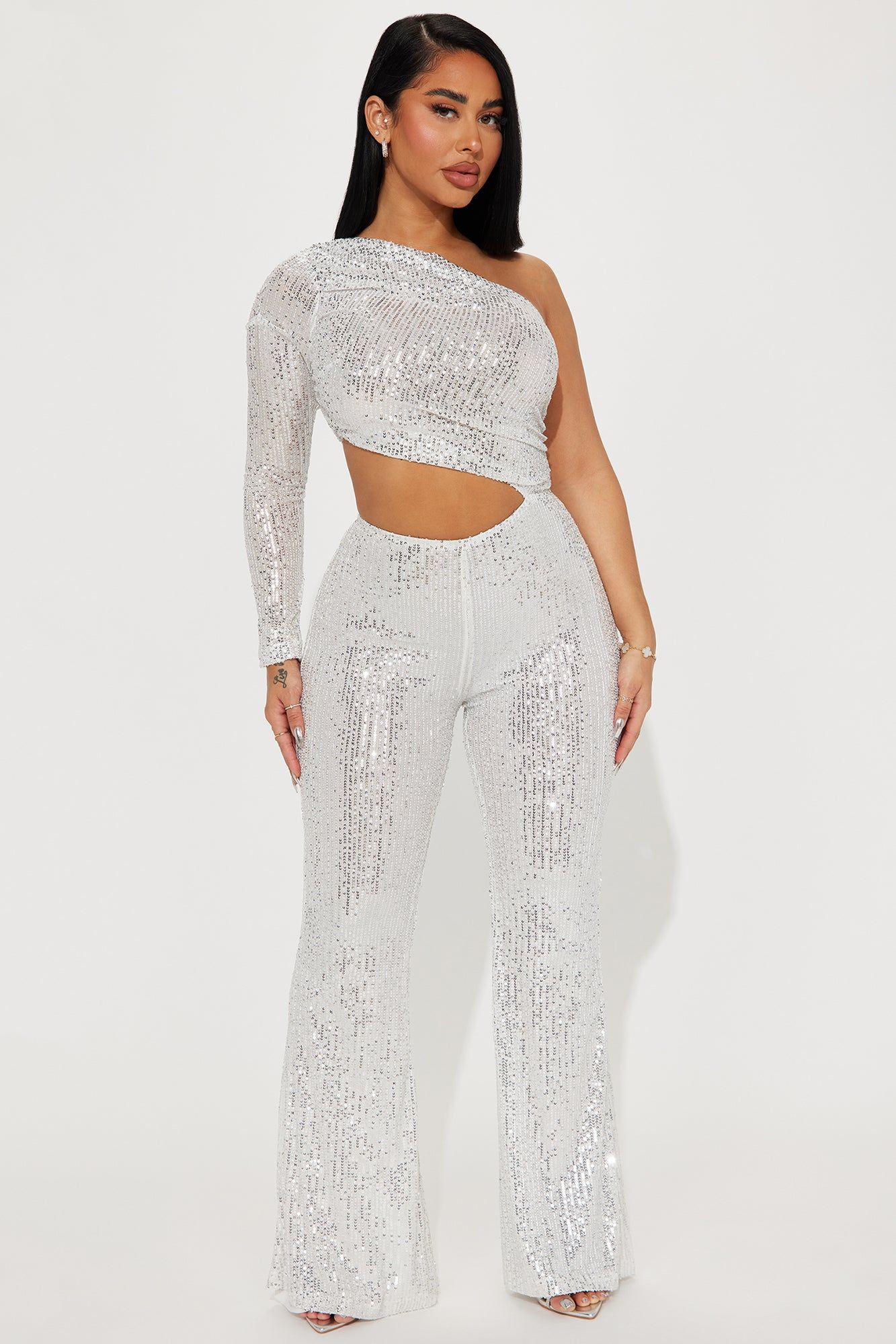 Misunderstood Long Sleeve Sequin Jumpsuit - Silver sold by Fashion Nova