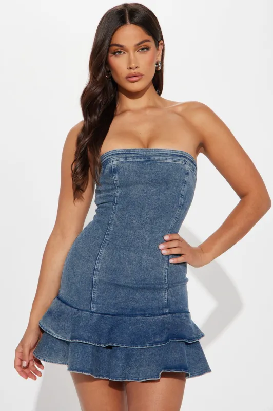Skyler Denim Micro Mini Dress - Medium Wash sold by Fashion Nova