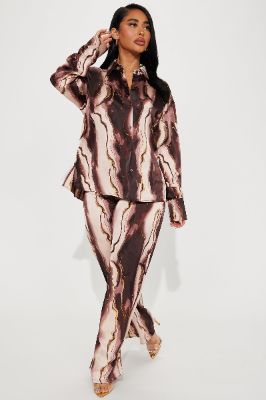 Sweet Thoughts Satin Pant Set - Brown Combo sold by Fashion Nova