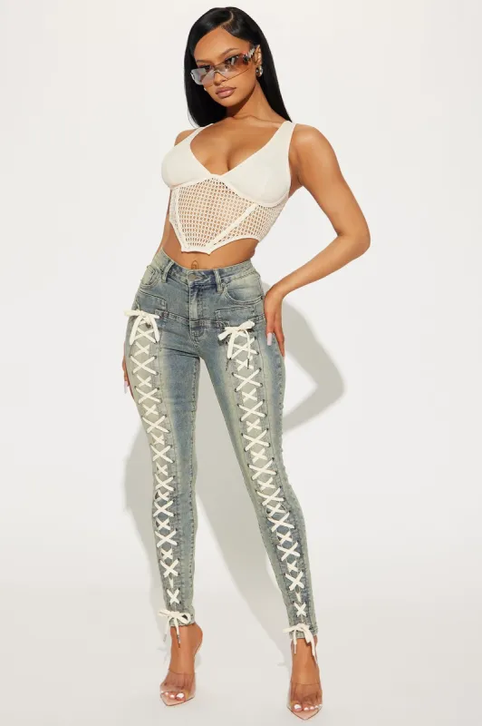 Don't Cross Me Lace Up Stretch Skinny Jeans - Vintage Wash sold by Fashion Nova