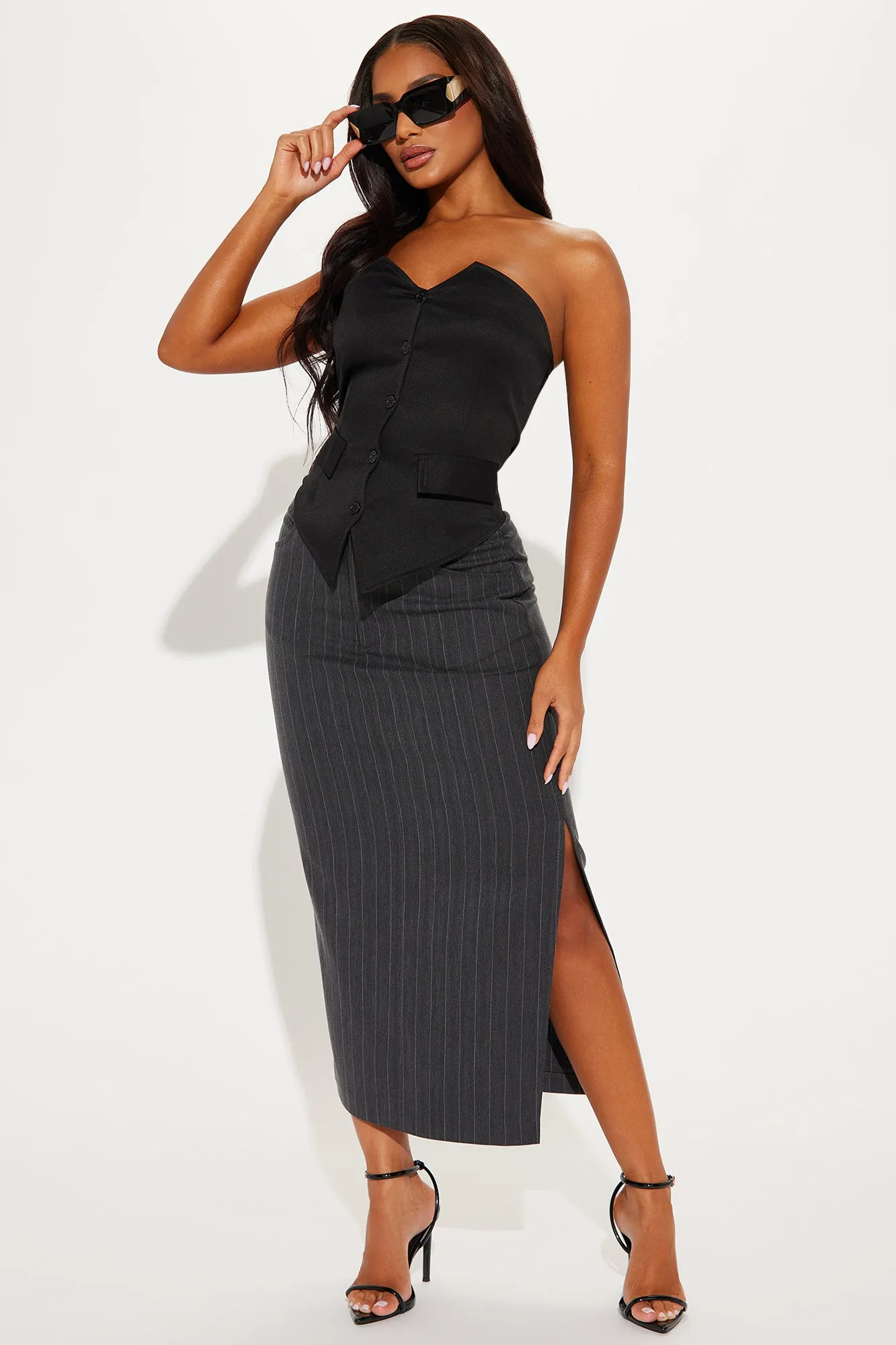 Work That Pinstripe Midi Skirt - Charcoal sold by Fashion Nova