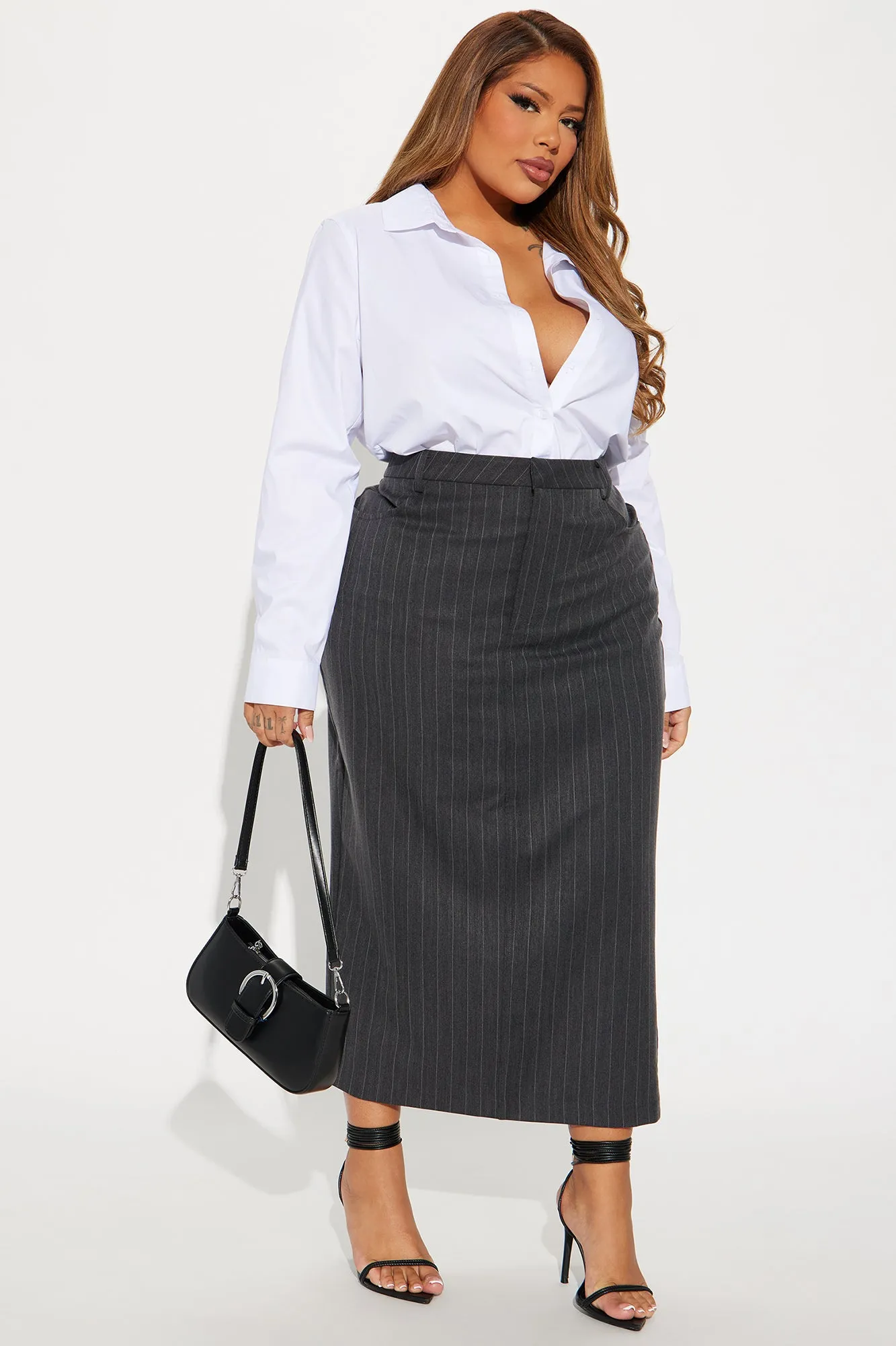 Work That Pinstripe Midi Skirt - Charcoal sold by Fashion Nova product image thumbnail 4