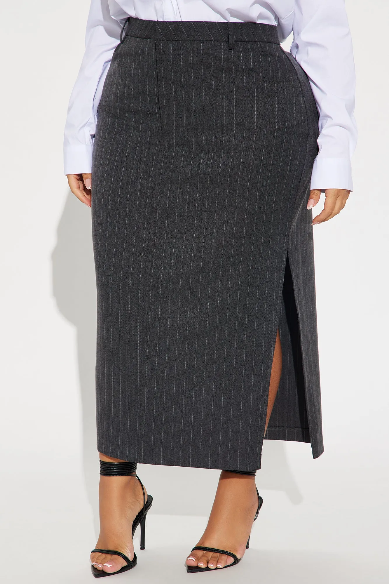 Work That Pinstripe Midi Skirt - Charcoal sold by Fashion Nova product image thumbnail 5