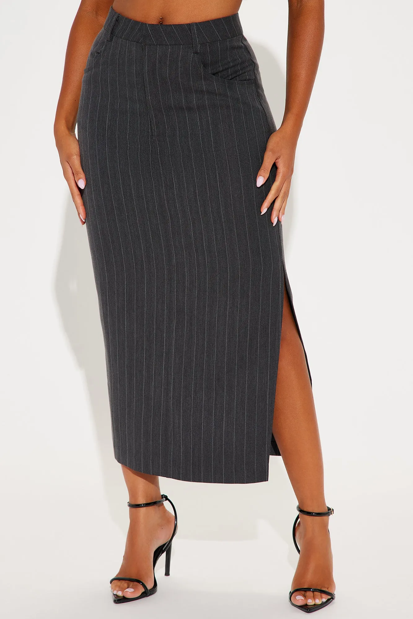 Work That Pinstripe Midi Skirt - Charcoal sold by Fashion Nova product image thumbnail 2
