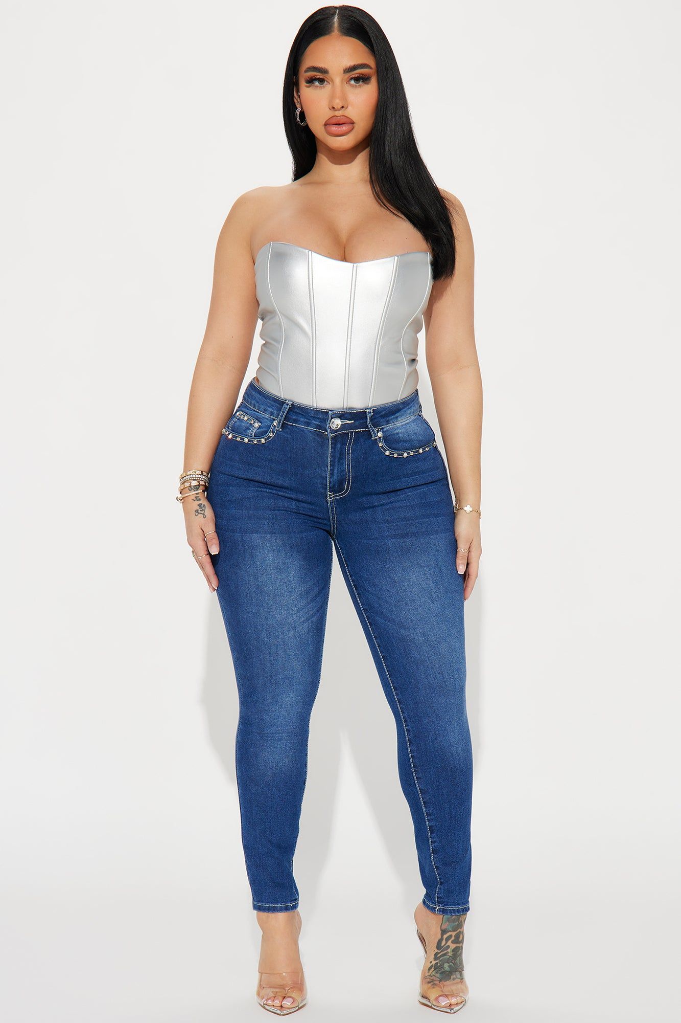 Caught Your Eye Embellished Stretch Skinny Jeans - Dark Wash sold by Fashion Nova
