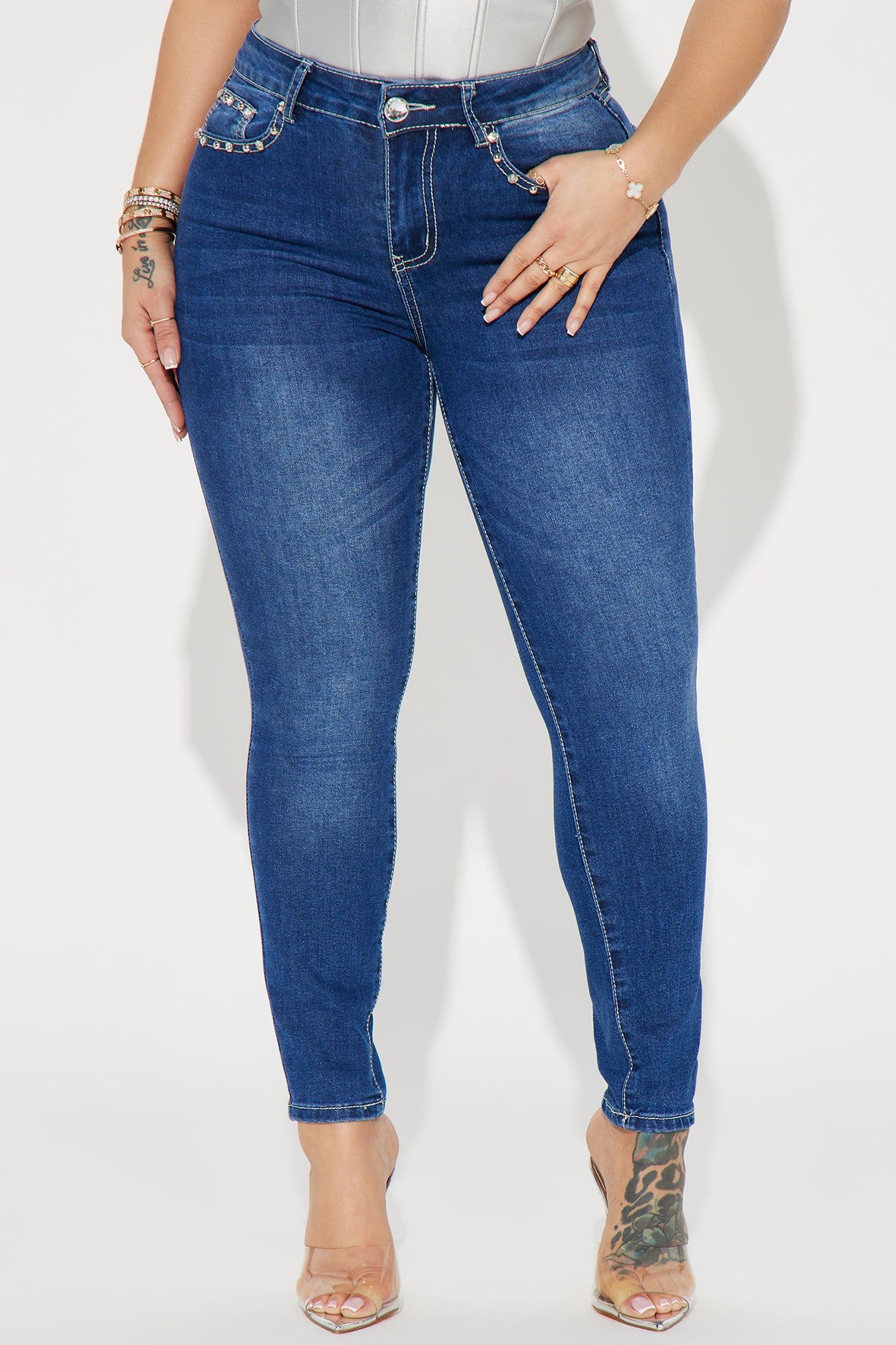 Caught Your Eye Embellished Stretch Skinny Jeans - Dark Wash sold by Fashion Nova product image thumbnail 2