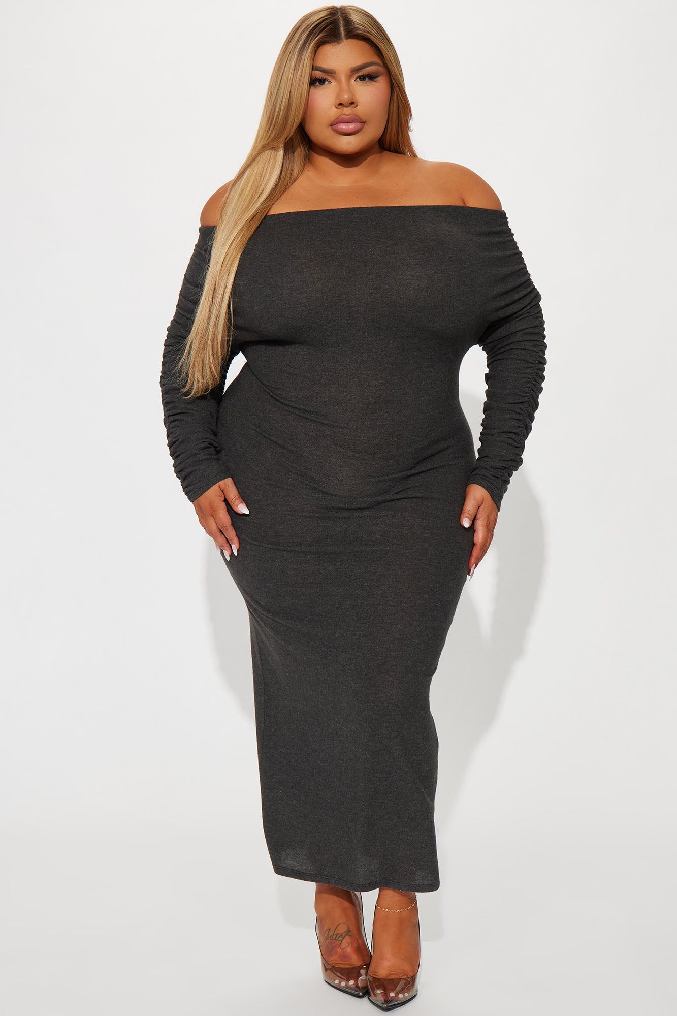 Yasmine Off Shoulder Sweater Maxi Dress - Charcoal sold by Fashion Nova product image thumbnail 4