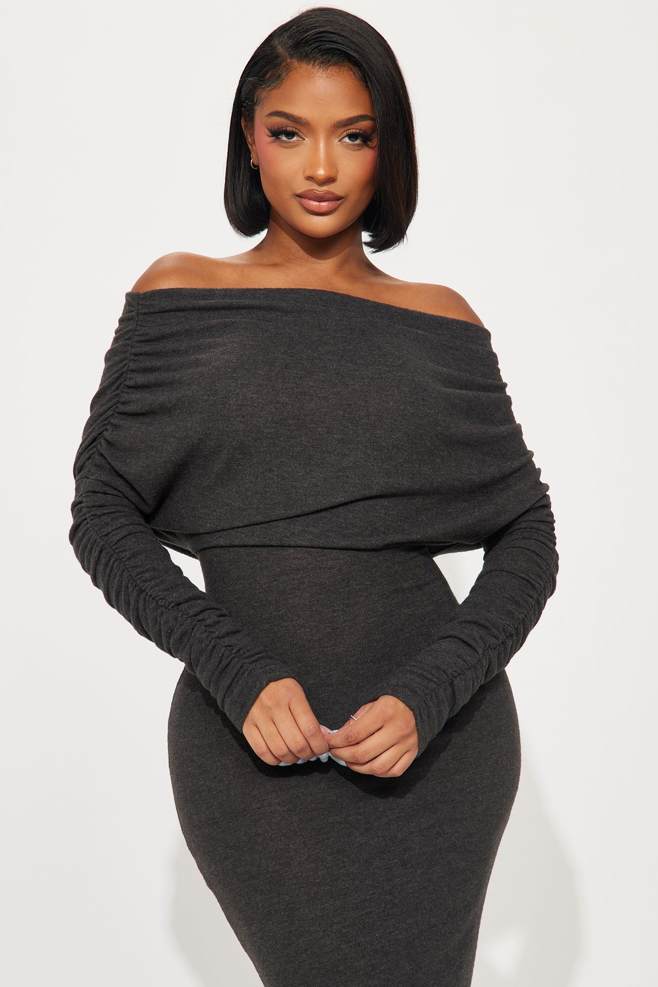 Yasmine Off Shoulder Sweater Maxi Dress - Charcoal sold by Fashion Nova product image thumbnail 2