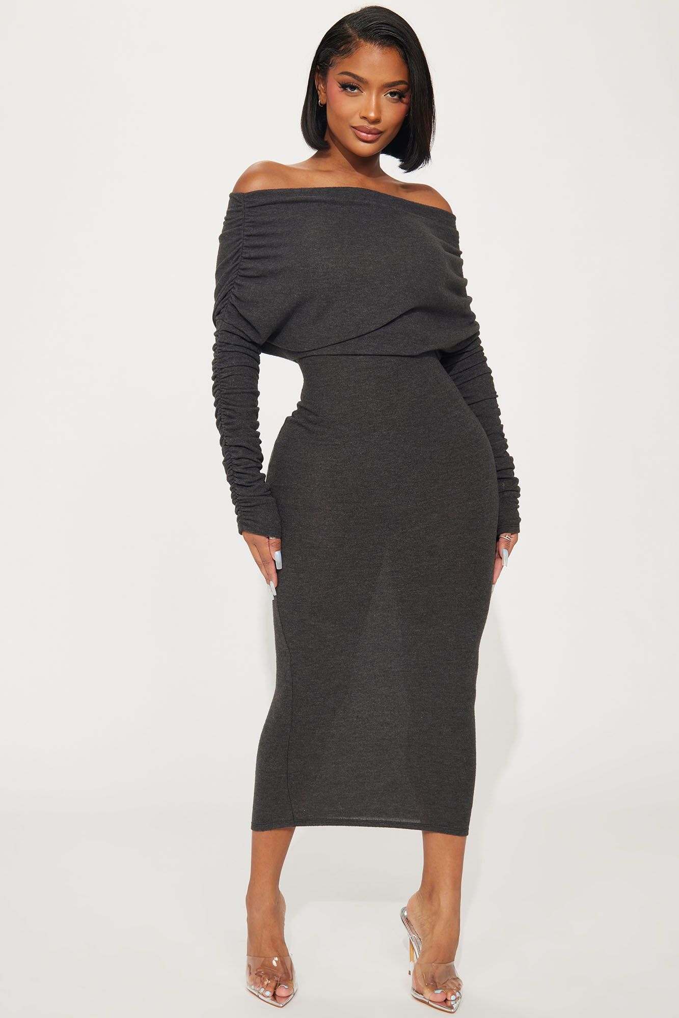 Yasmine Off Shoulder Sweater Maxi Dress - Charcoal sold by Fashion Nova