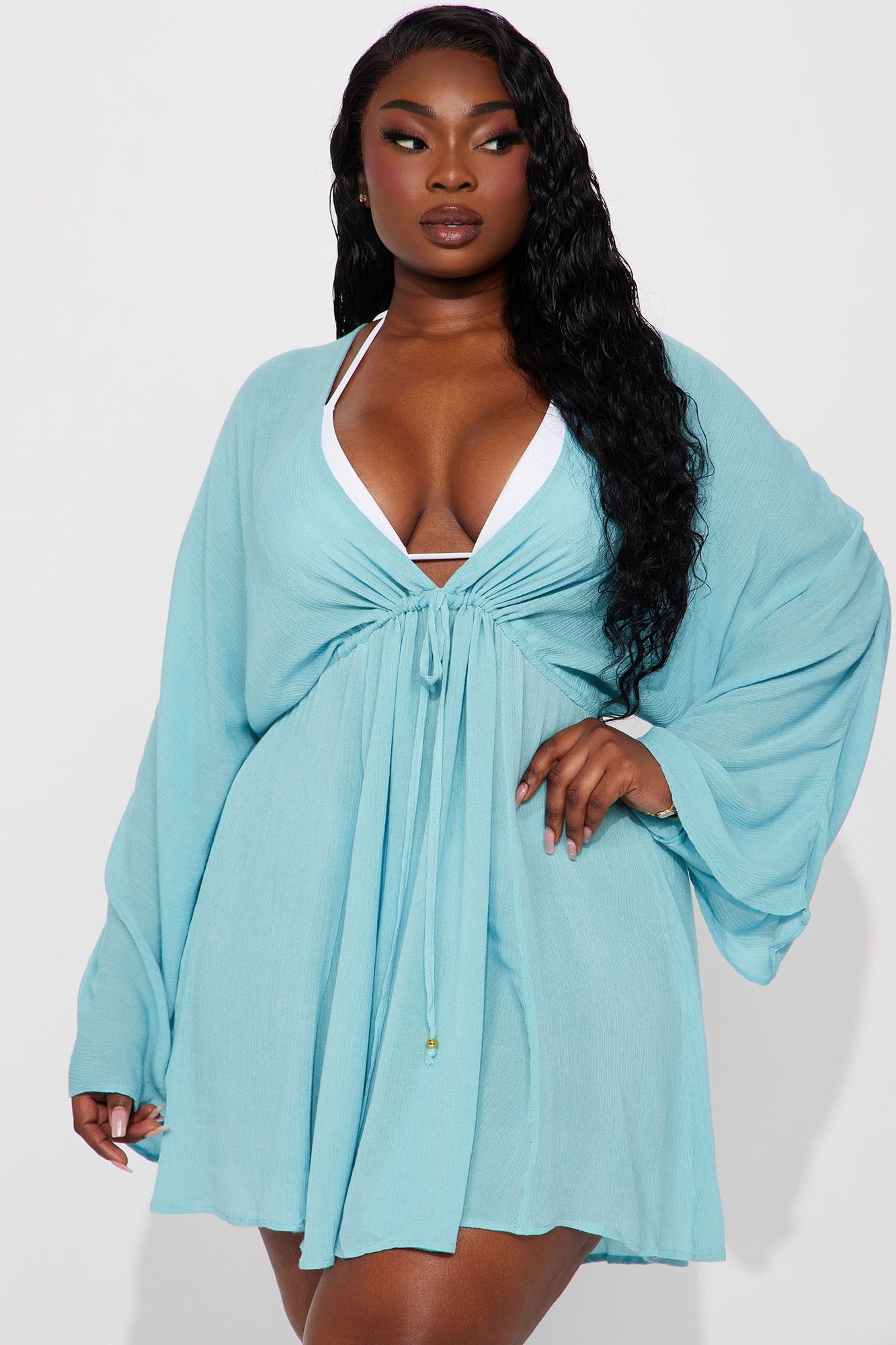 Breezy Nights Linen Swim Cover Up Dress - Blue sold by Fashion Nova product image thumbnail 4