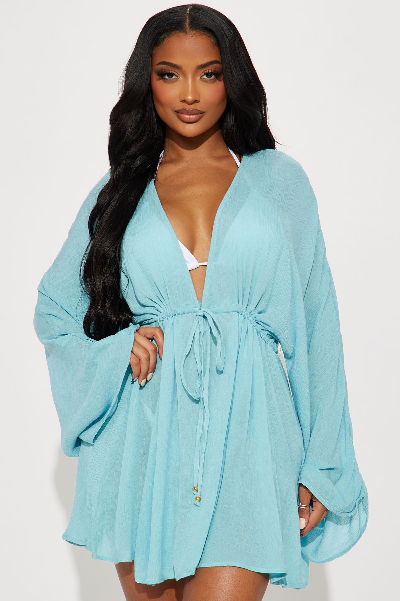 Breezy Nights Linen Swim Cover Up Dress - Blue sold by Fashion Nova