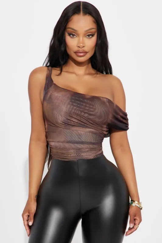 Julia Mesh Off Shoulder Top - Brown/combo sold by Fashion Nova