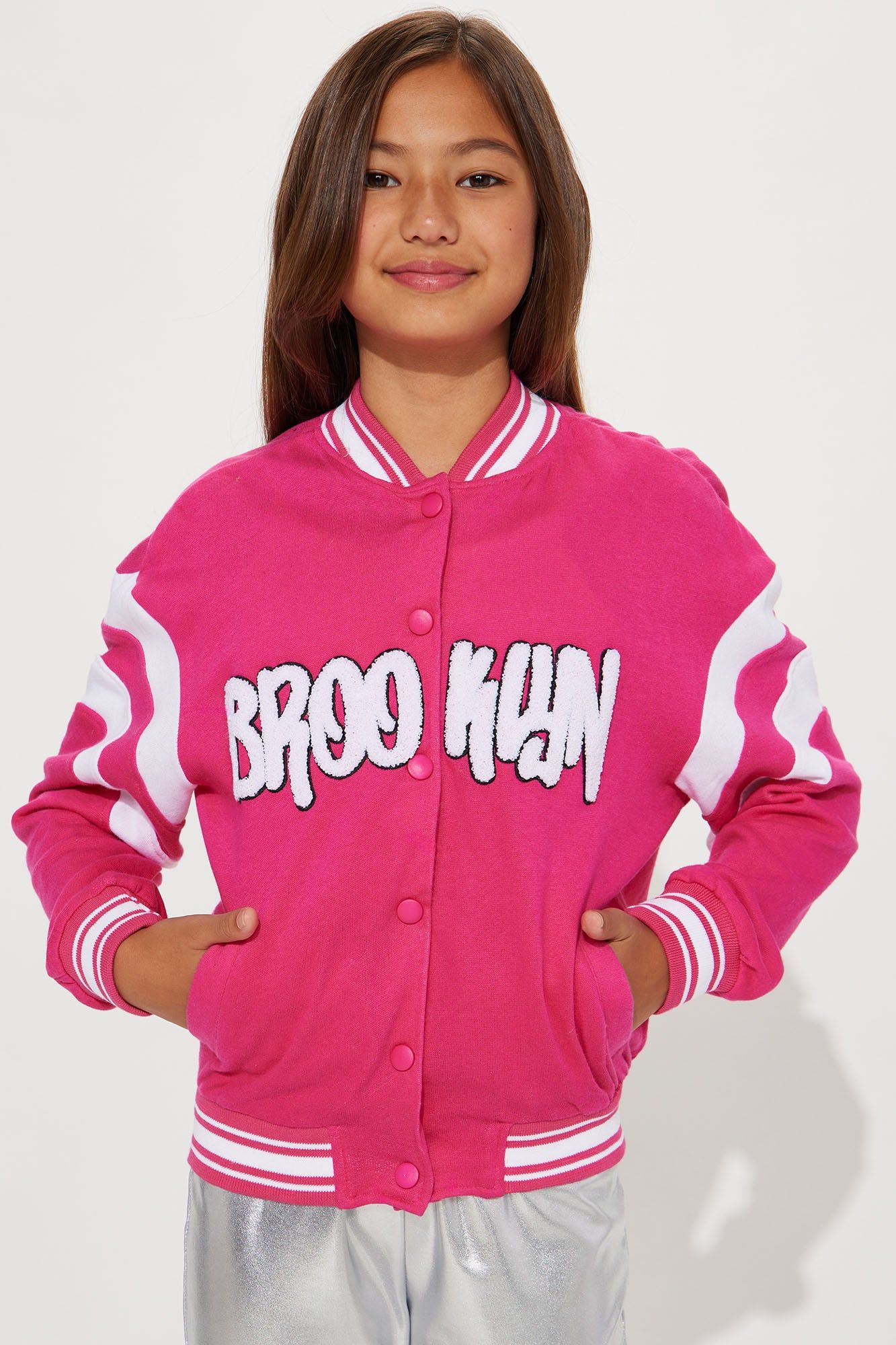 Mini Brooklyn Button Front Varsity Jacket - Fuchsia/combo sold by Fashion Nova product image thumbnail 3