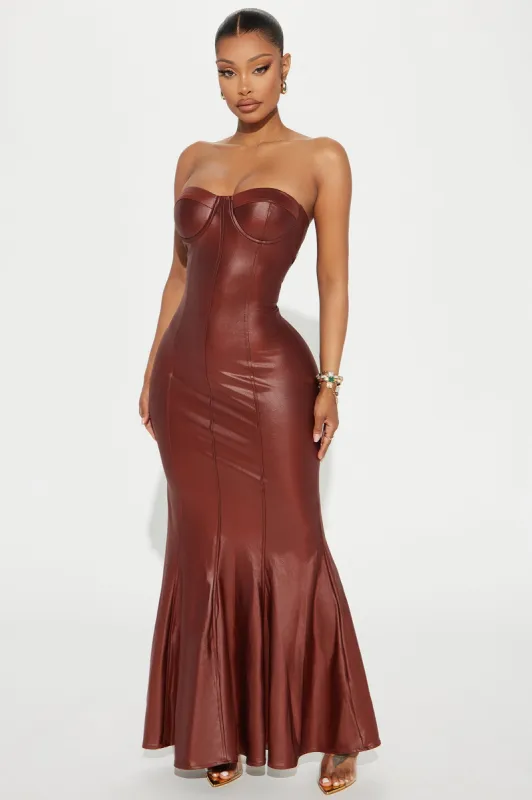 Stacey Faux Leather Maxi Dress - Brown sold by Fashion Nova