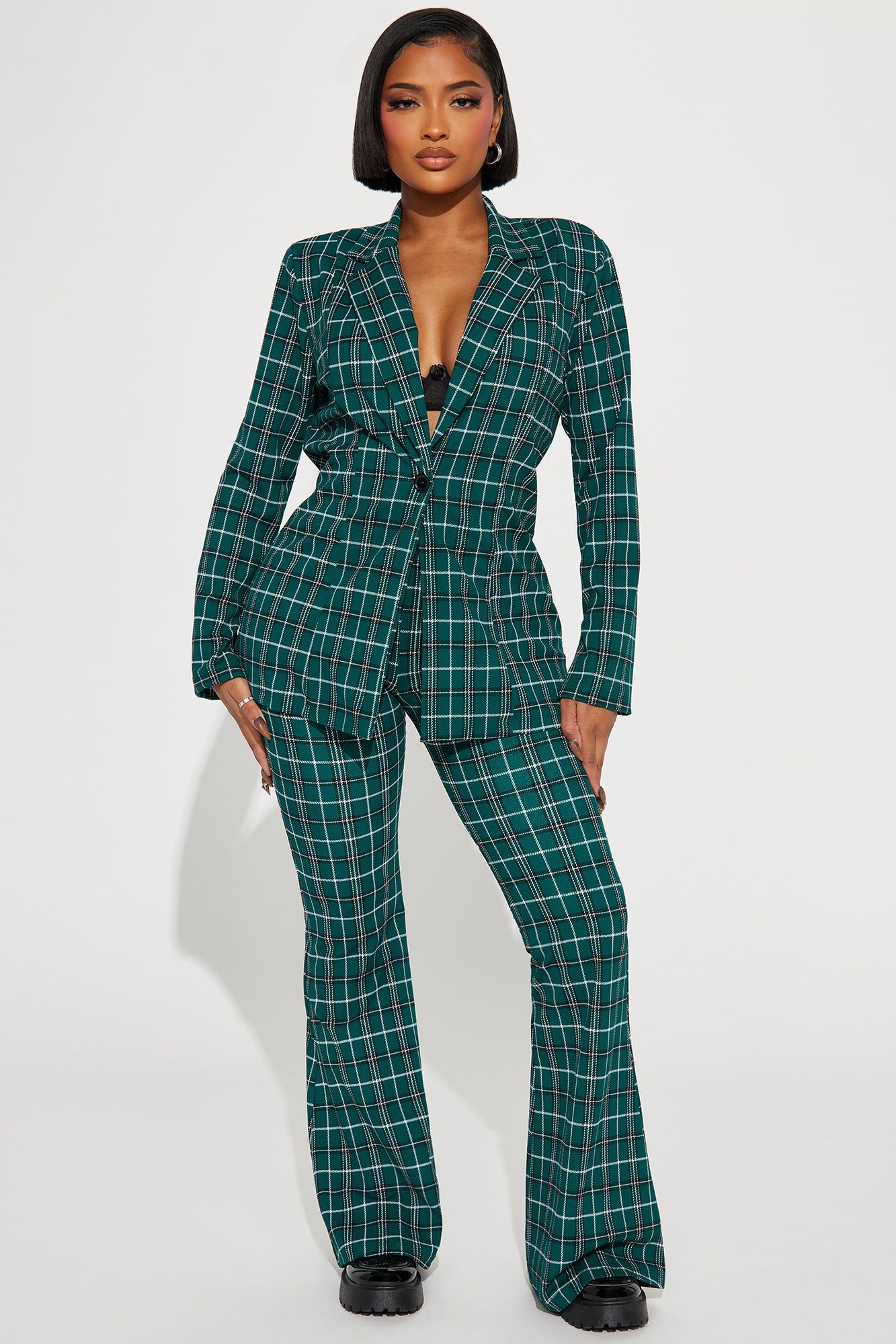 Feeling Focused Plaid Pant Set - Green/combo sold by Fashion Nova