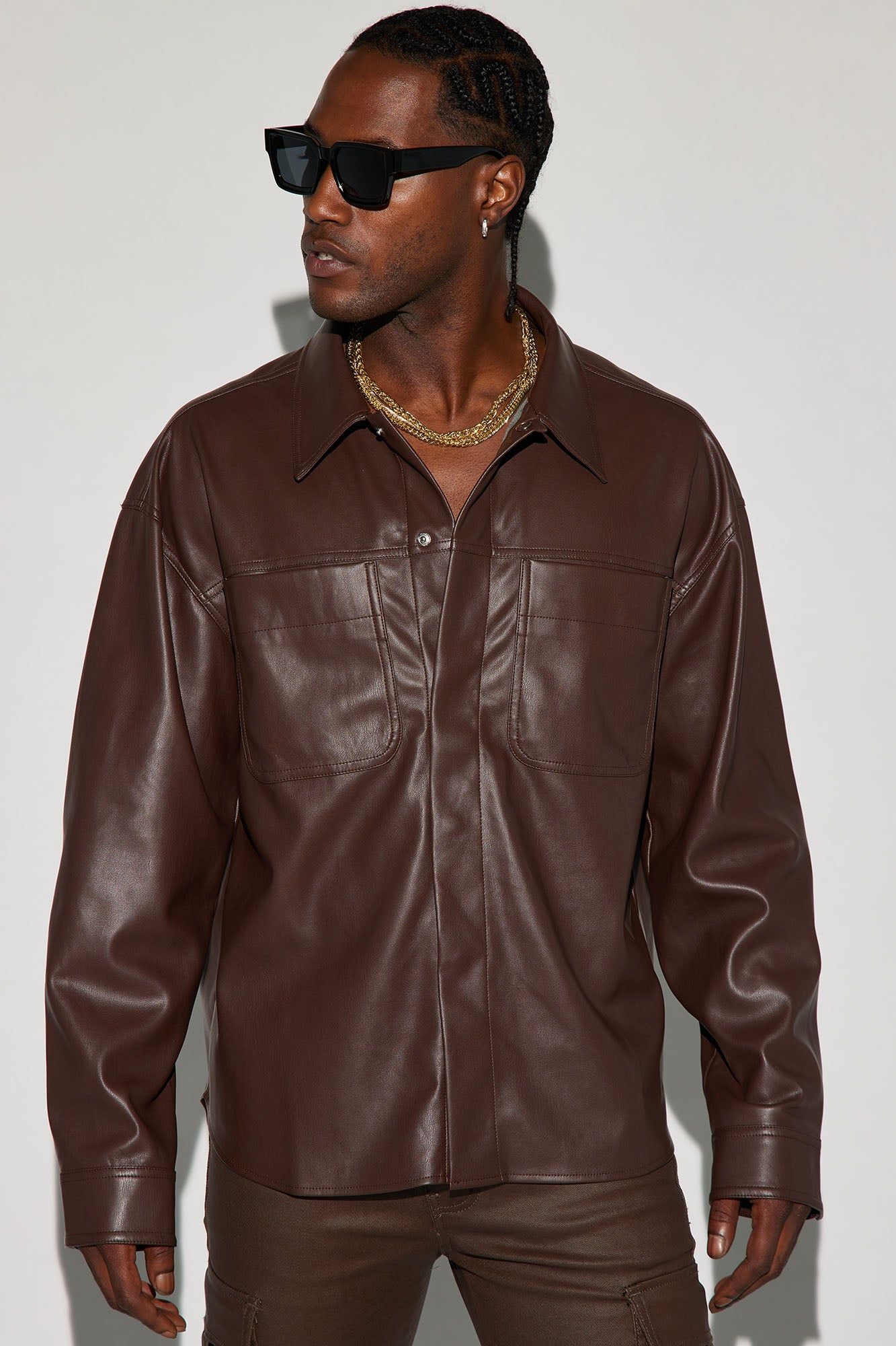 Covert Faux Leather Button Up Shirt - Dark Brown sold by Fashion Nova