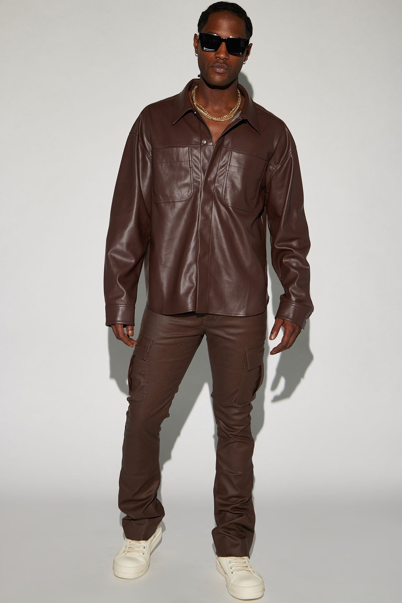Covert Faux Leather Button Up Shirt - Dark Brown sold by Fashion Nova product image thumbnail 3