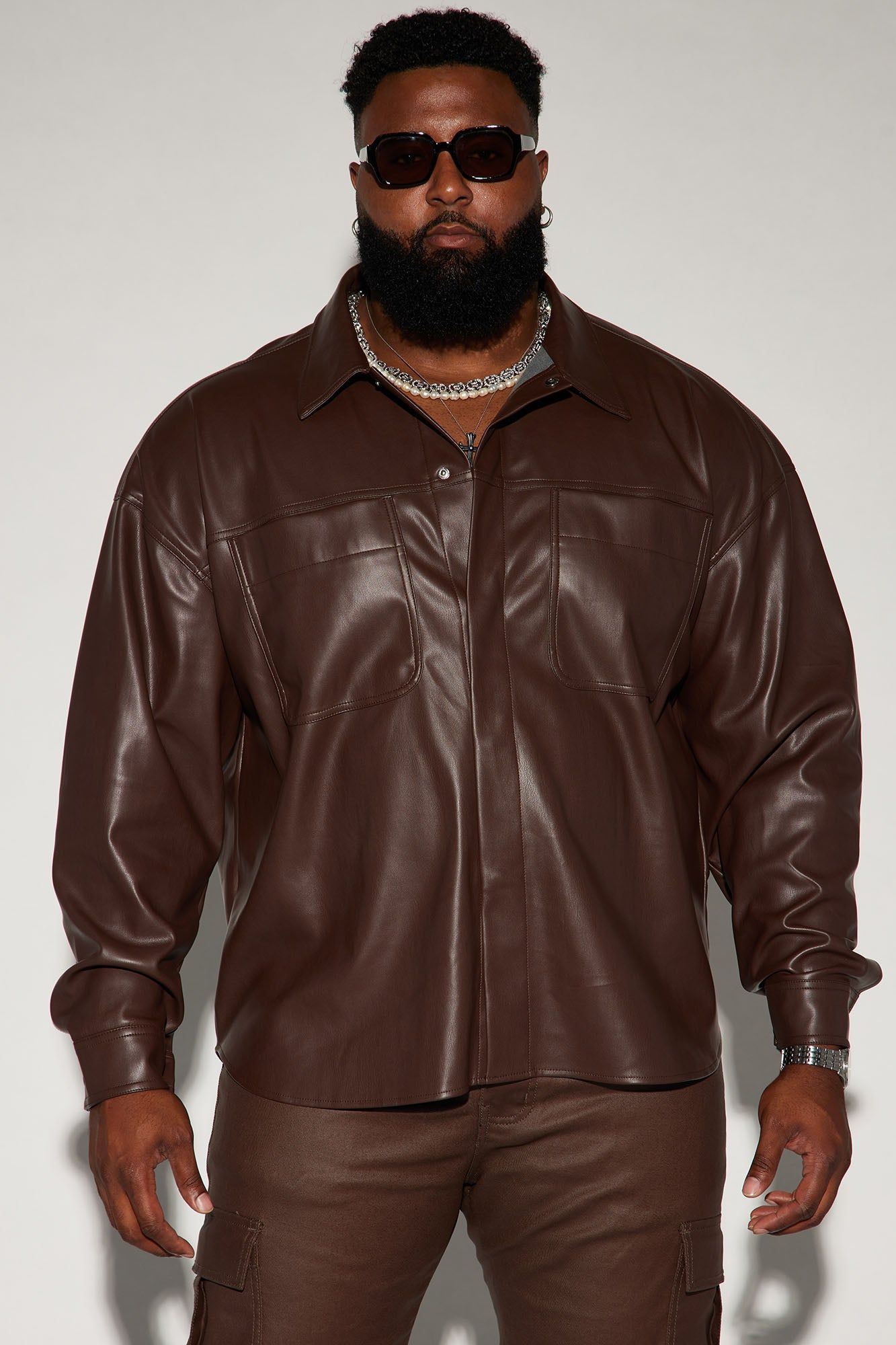 Covert Faux Leather Button Up Shirt - Dark Brown sold by Fashion Nova product image thumbnail 2
