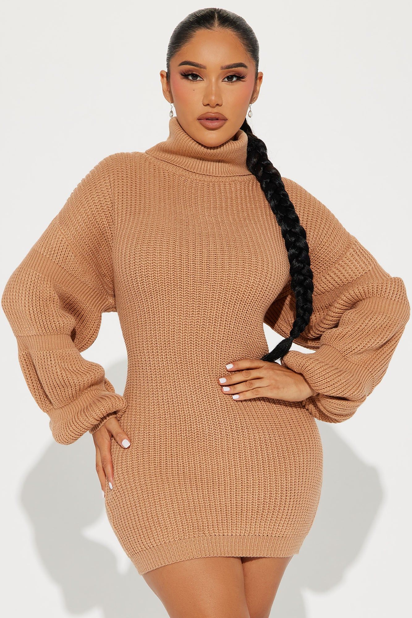 Harlie Sweater Mini Dress - Camel sold by Fashion Nova