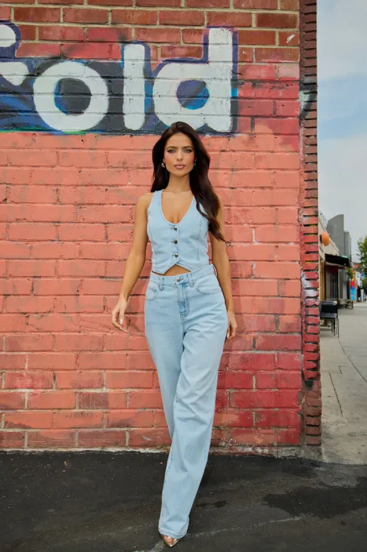Her Desire Denim Pant Set - Light Wash sold by Fashion Nova