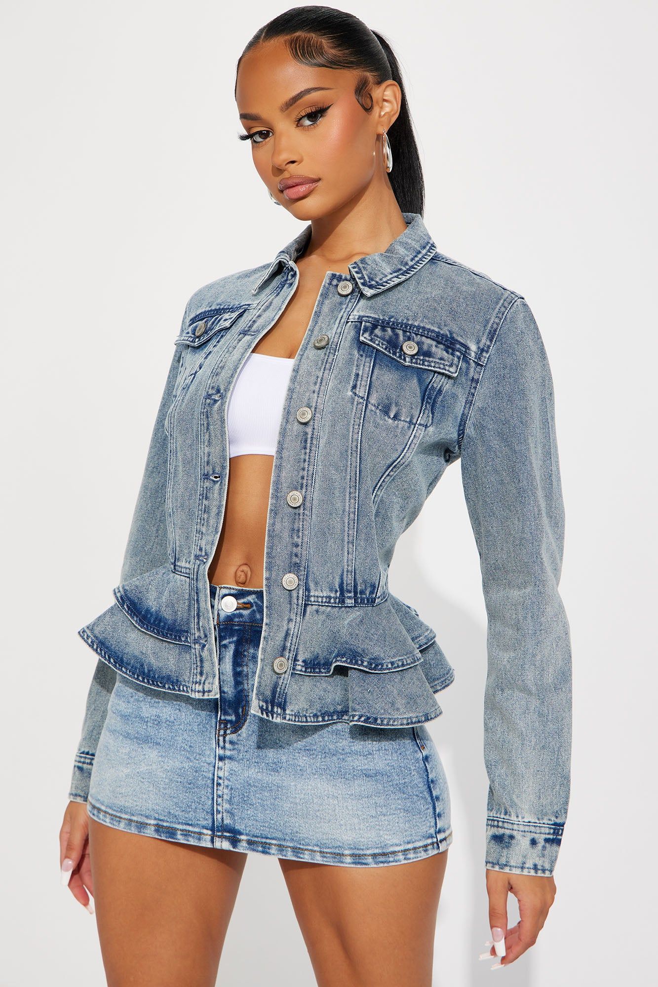 Sweetheart Peplum Denim Jacket - Medium Wash sold by Fashion Nova