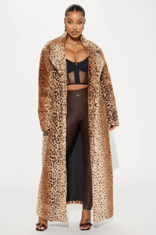Frida Leopard Faux Fur Coat - Brown/combo sold by Fashion Nova