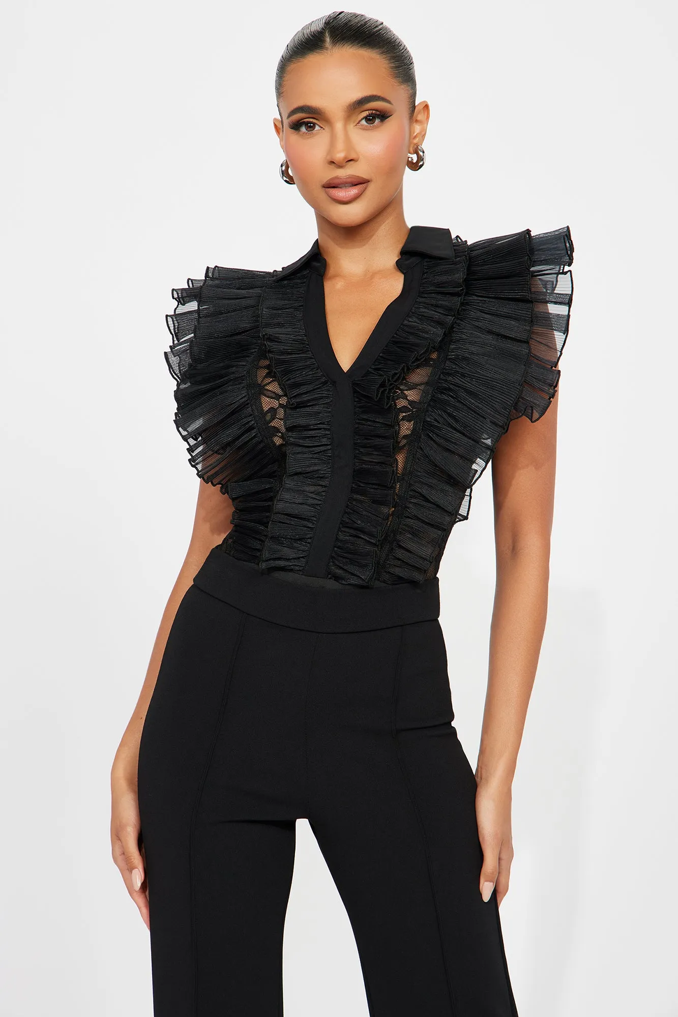 Giving Drama Ruffle Bodysuit - Black sold by Fashion Nova