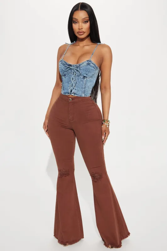 Mystery Solved Extreme Bell Bottom Jeans - Brown sold by Fashion Nova