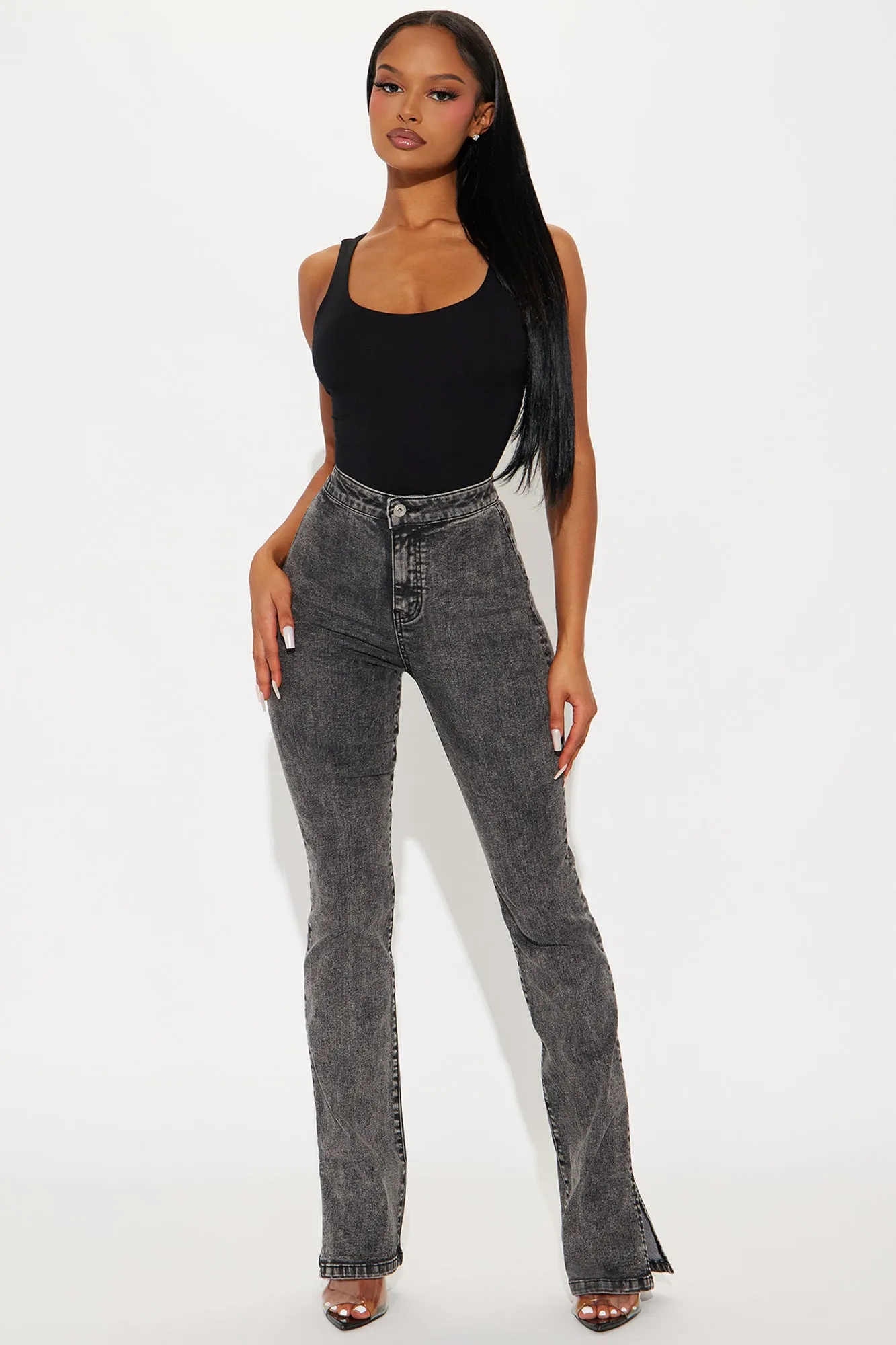 Side Slit Stretch Slim Bootcut Jeans - Black Wash sold by Fashion Nova