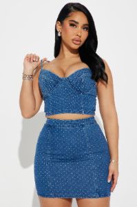 Rhinestone Doll Denim Skirt Set - Medium Wash sold by Fashion Nova