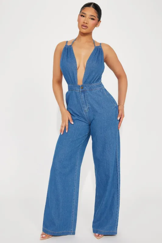 Always A Statement Denim Jumpsuit  - Medium Wash sold by Fashion Nova
