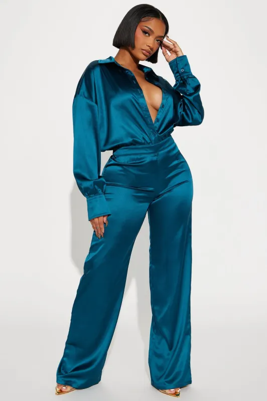 Set The Scene Satin Jumpsuit - Teal sold by Fashion Nova
