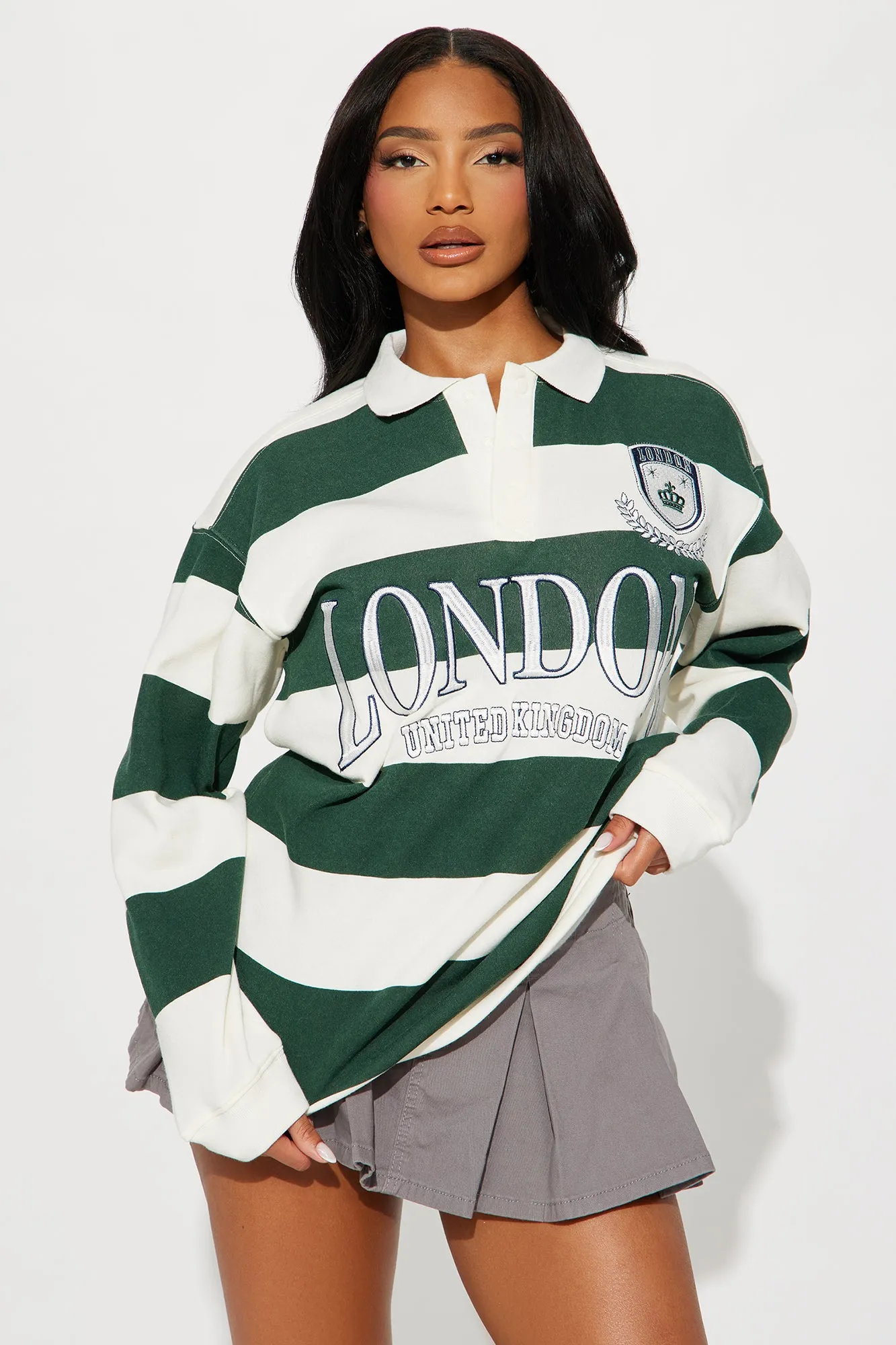 London Embroidered Striped Polo - Green/combo sold by Fashion Nova
