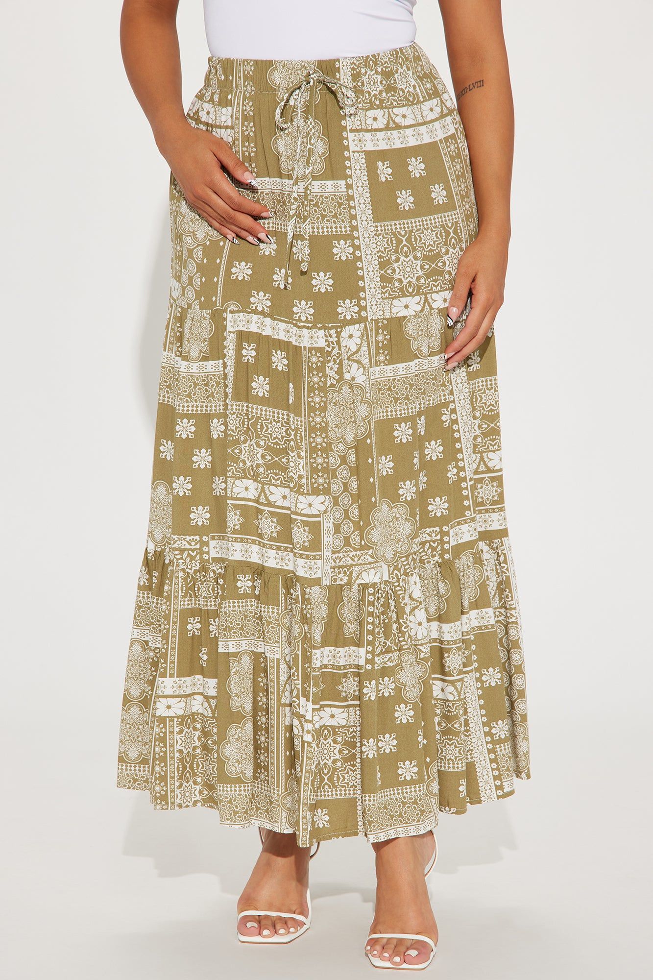 Off to Bali Tiered Maxi Skirt - Olive sold by Fashion Nova