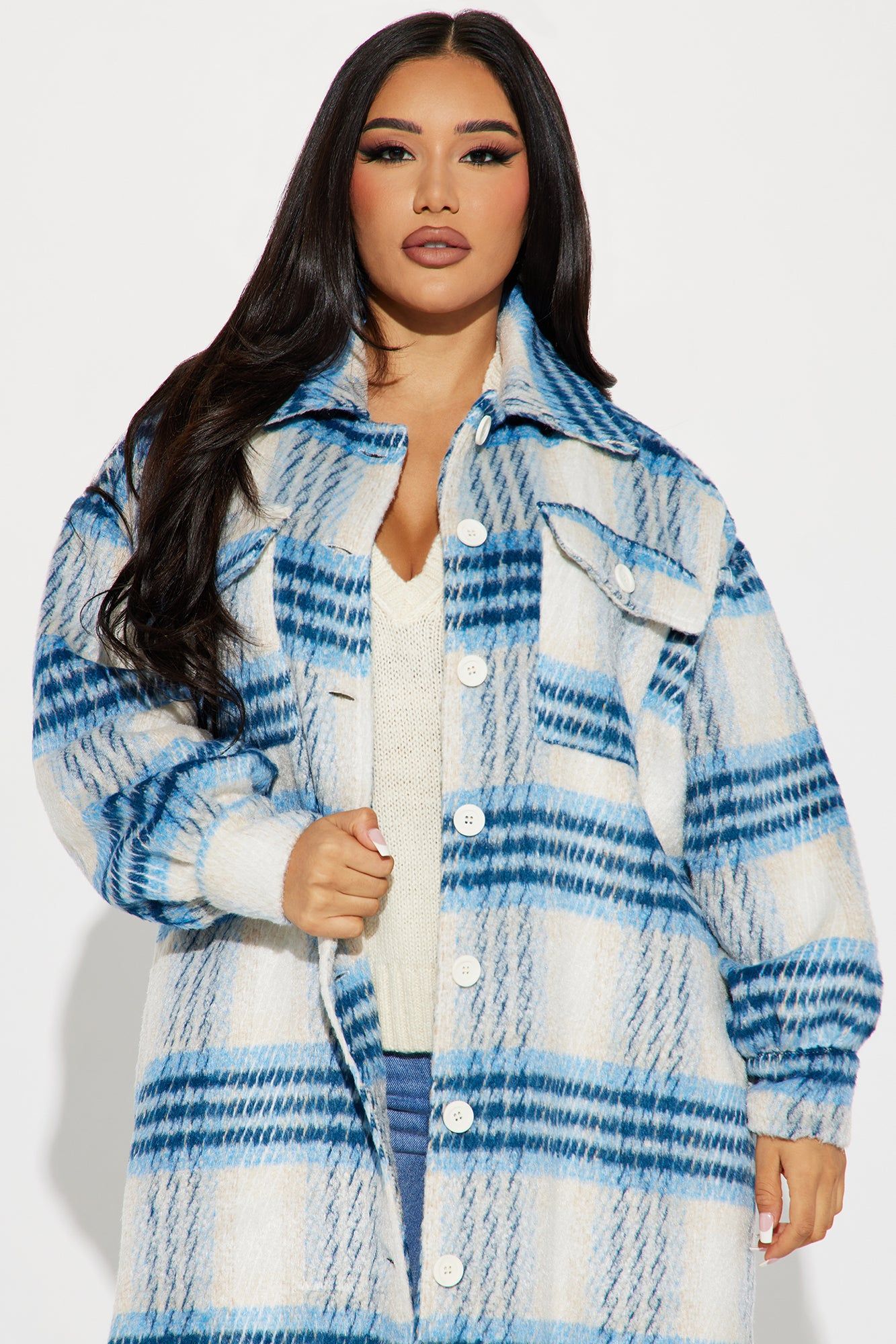 Warming Love Faux Wool Shacket - Blue/combo sold by Fashion Nova product image thumbnail 2