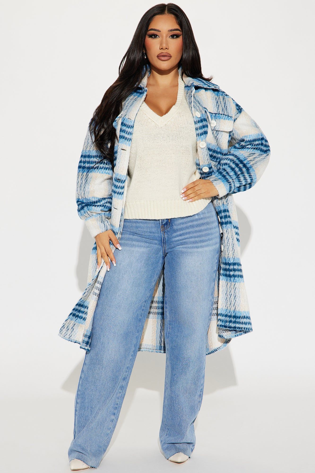 Warming Love Faux Wool Shacket - Blue/combo sold by Fashion Nova