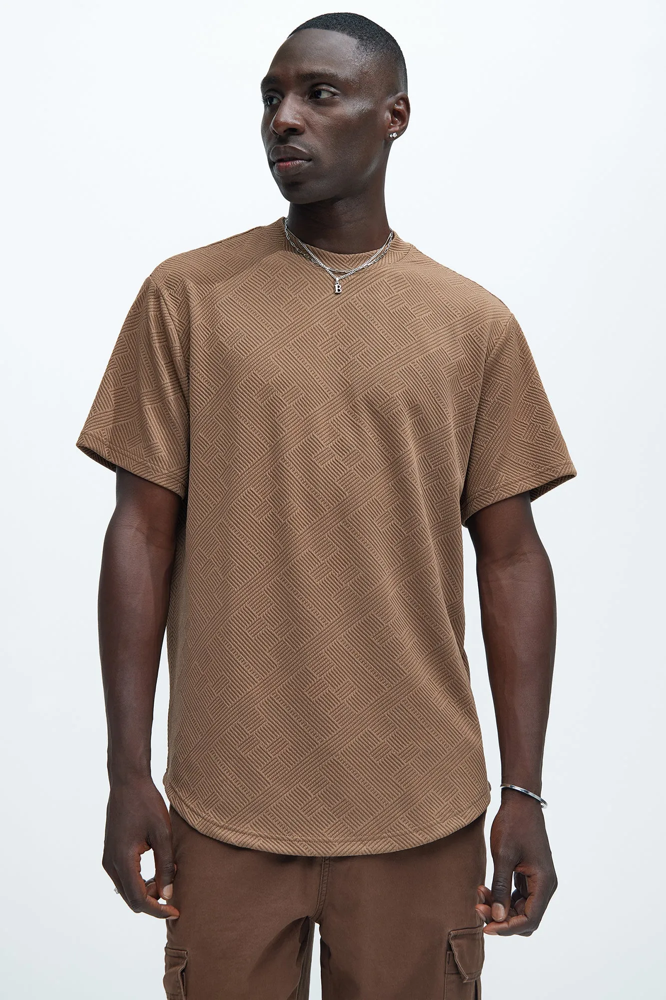 Easton Geo Textured Scallop Short Sleeve Tee - Brown sold by Fashion Nova