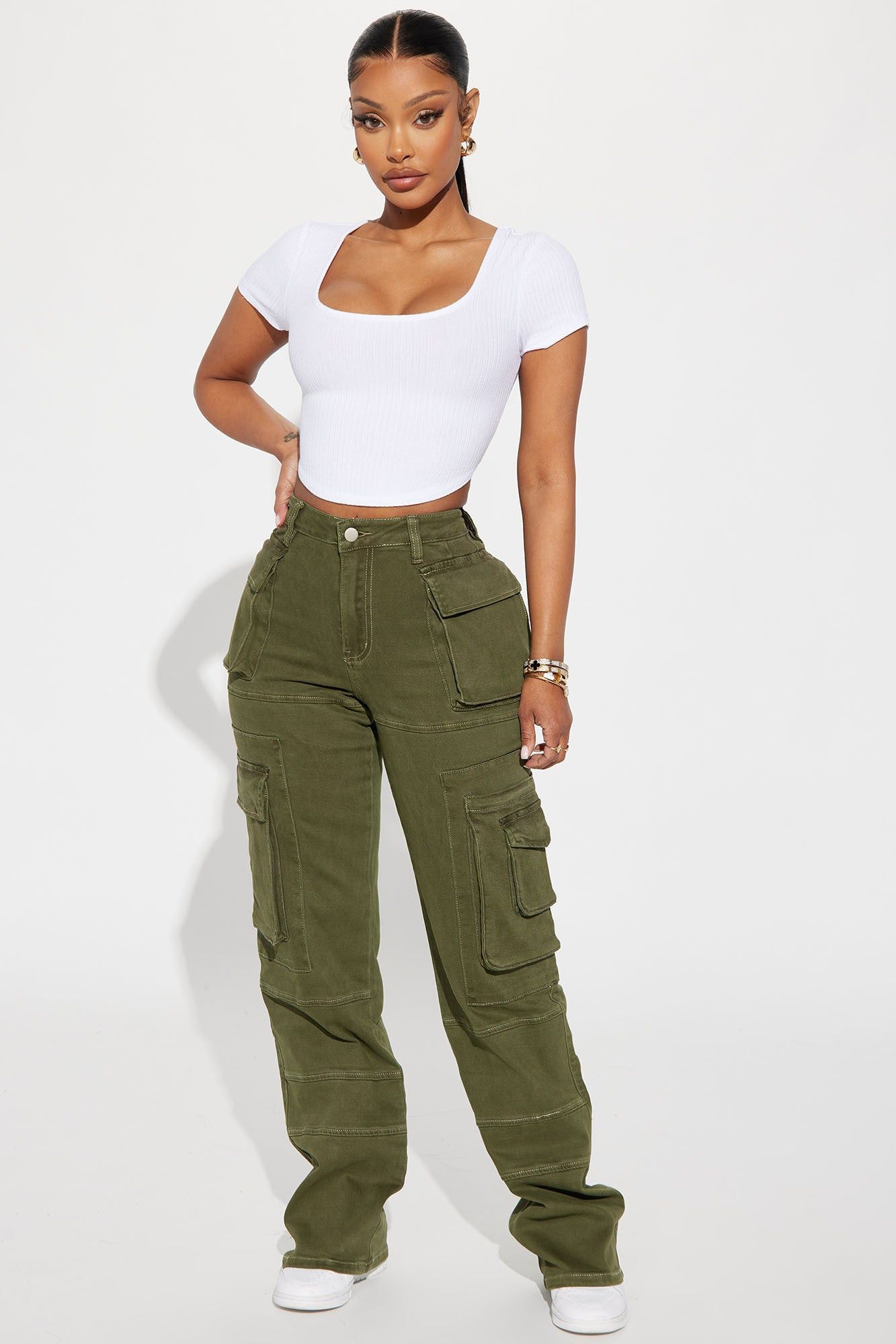 On Command Stretch Straight Leg Cargo Jean - Olive sold by Fashion Nova