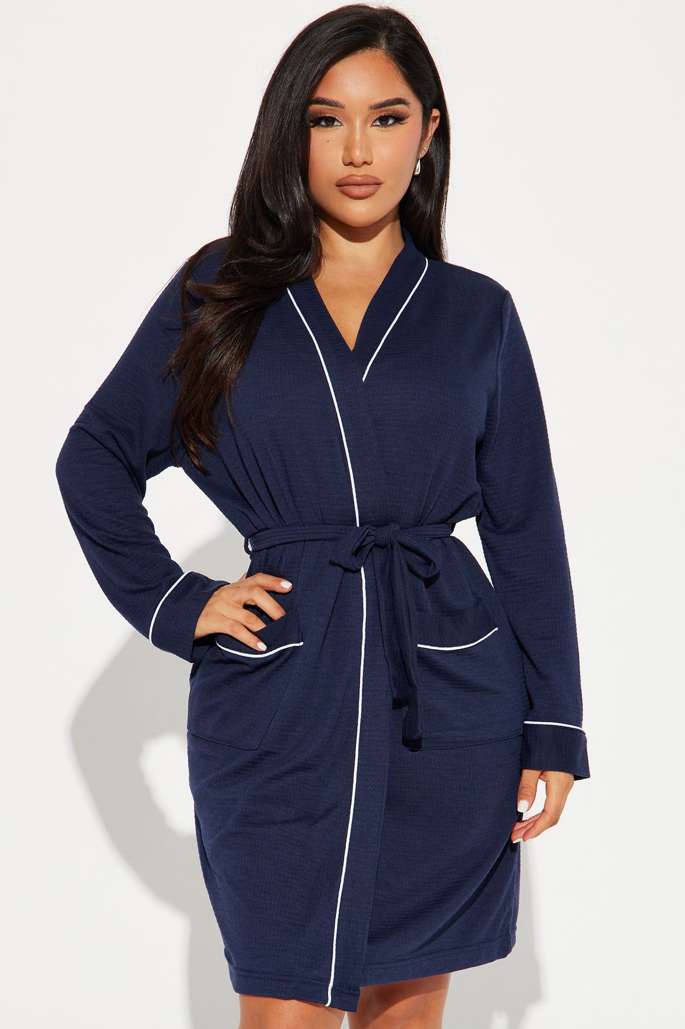 Time To Relax Waffle PJ Robe - Navy sold by Fashion Nova