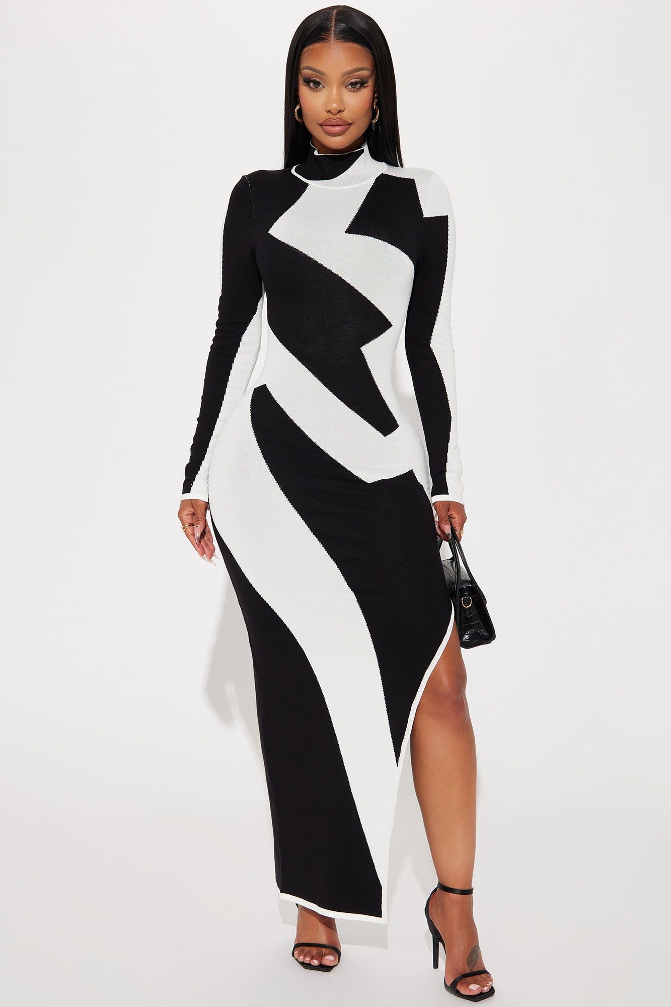 Abstract Long Sleeve Maxi Dress - Black/White sold by Fashion Nova