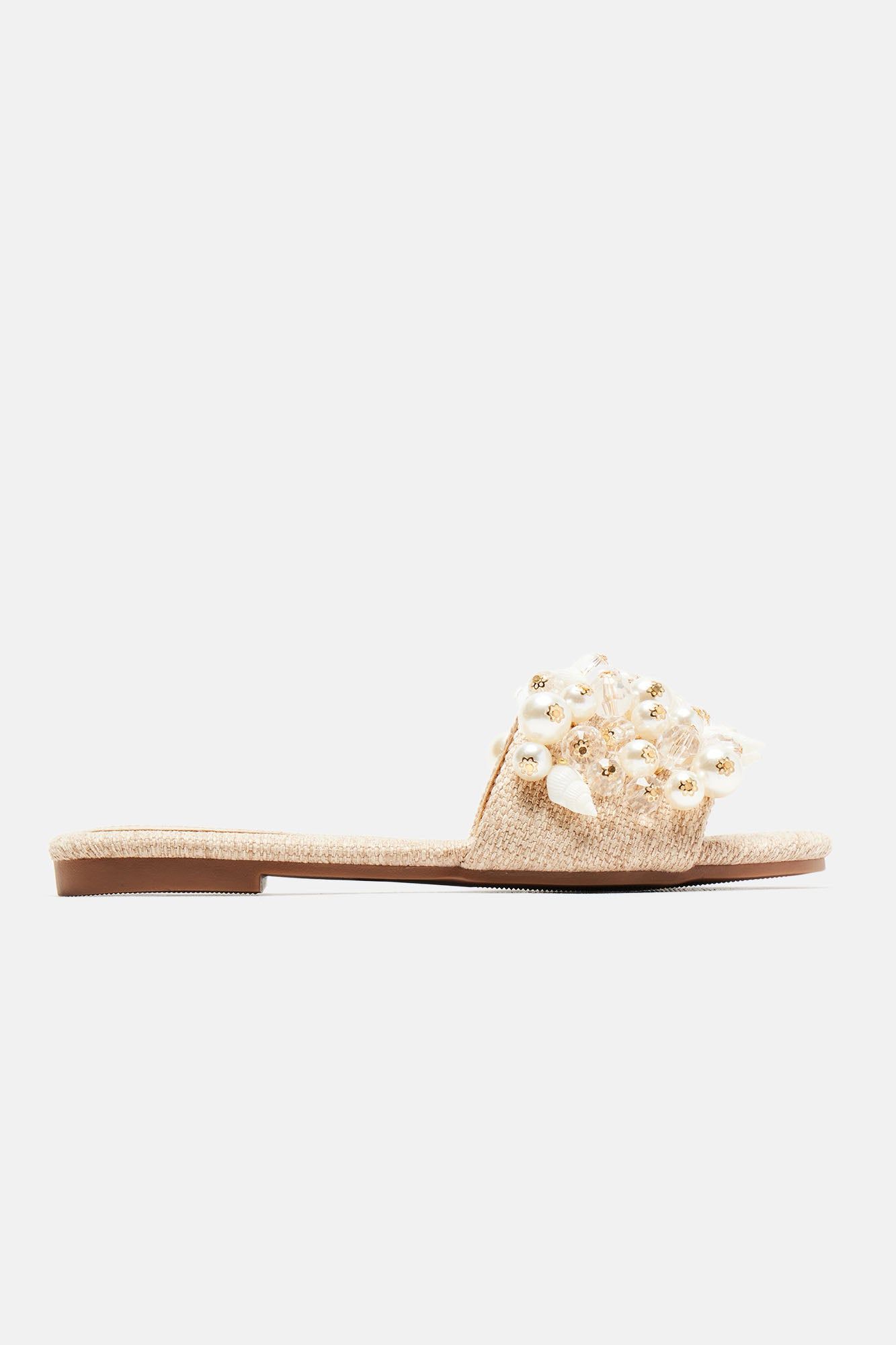 Day Out At Sea Pearl Embellished Flat Sandals - Beige sold by Fashion Nova