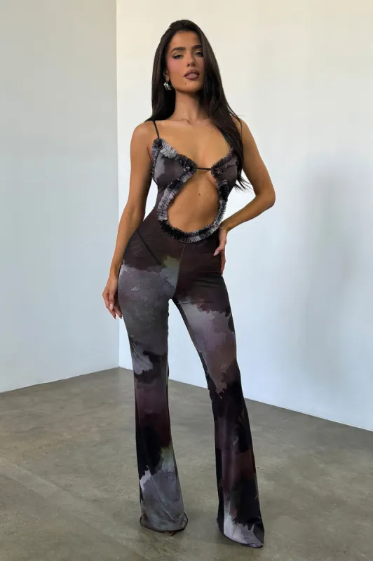 Well Known Mesh Jumpsuit - Brown/combo sold by Fashion Nova