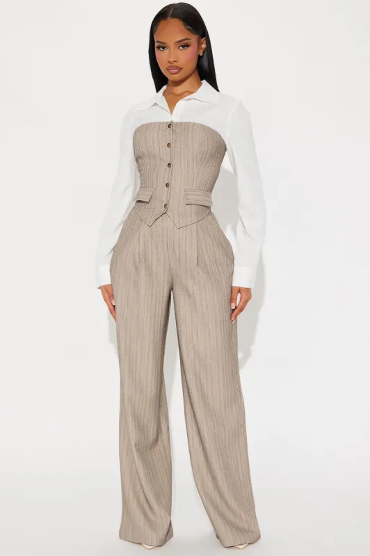 In Attendance Pinstripe Wide Leg Pant Set - Taupe sold by Fashion Nova