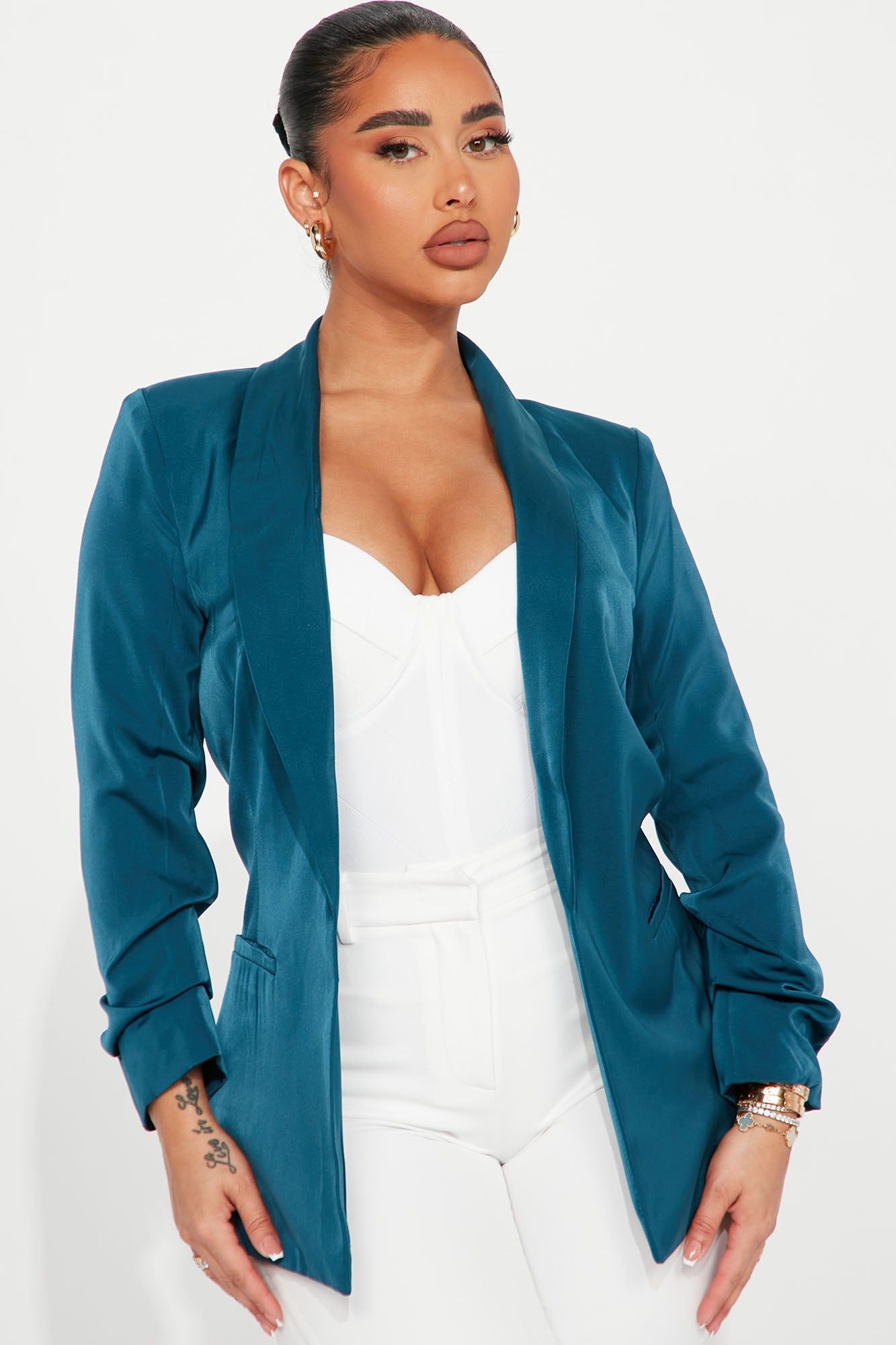 Business Talk Satin Blazer - Teal sold by Fashion Nova