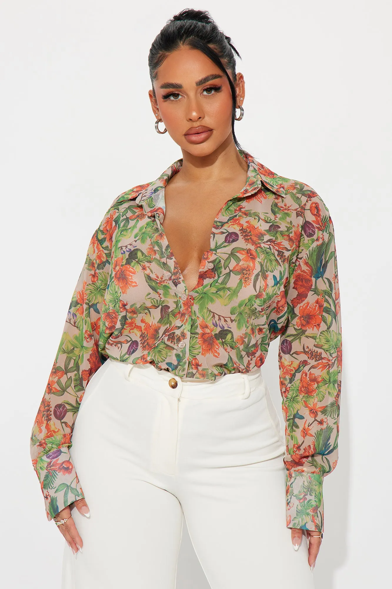 Seasonal Bloom Floral Shirt - Taupe/combo sold by Fashion Nova