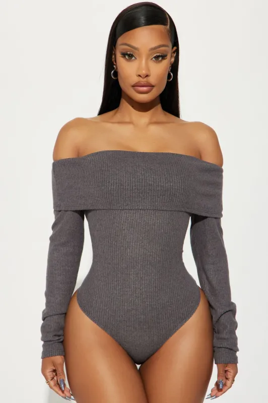 Sydney Off Shoulder Bodysuit - Charcoal made by Fashion Nova