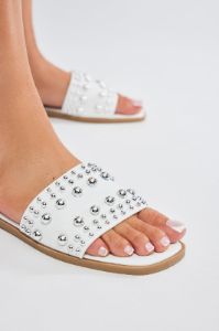 Really Going For It Studded Flat Sandals - White sold by Fashion Nova
