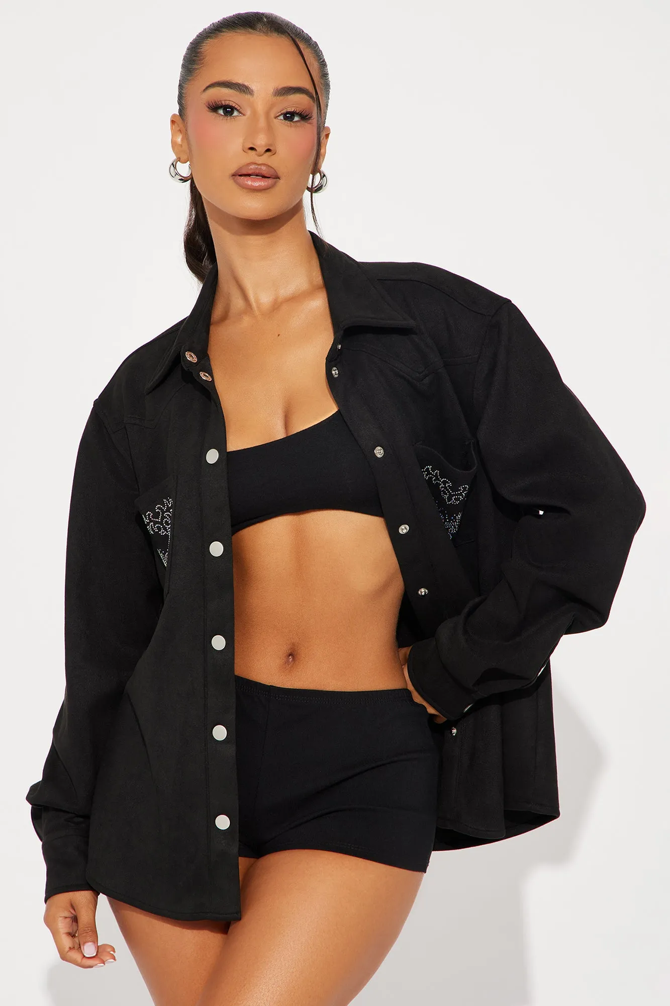 Dolly Embellished Faux Suede Shirt - Black sold by Fashion Nova product image thumbnail 2